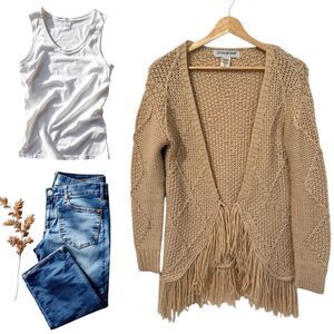 Cotton Emporium Beige Open Front Cardigan Fringe Knit Size XS